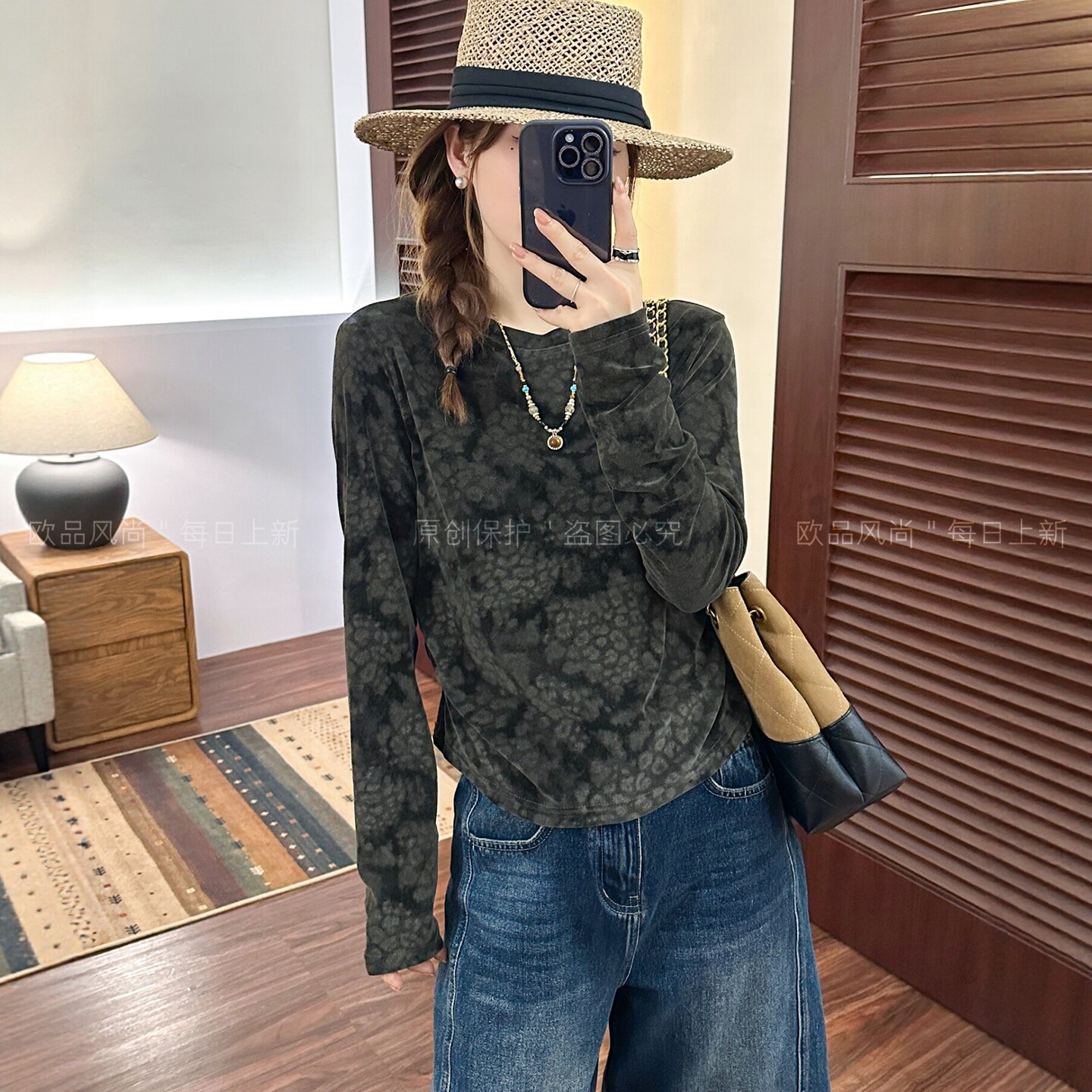 复古晕染金丝绒长袖T恤女欧洲站