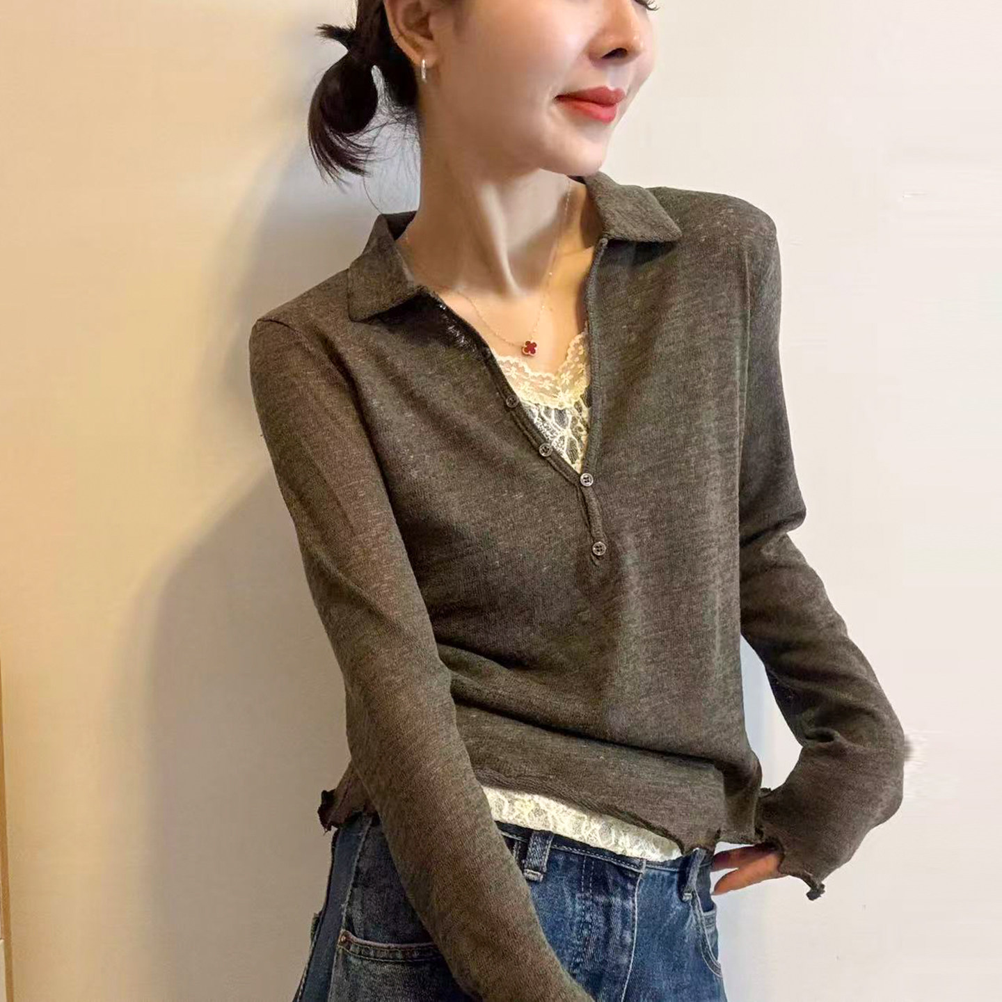 蕾丝拼接POLO领羊毛针织衫女欧货