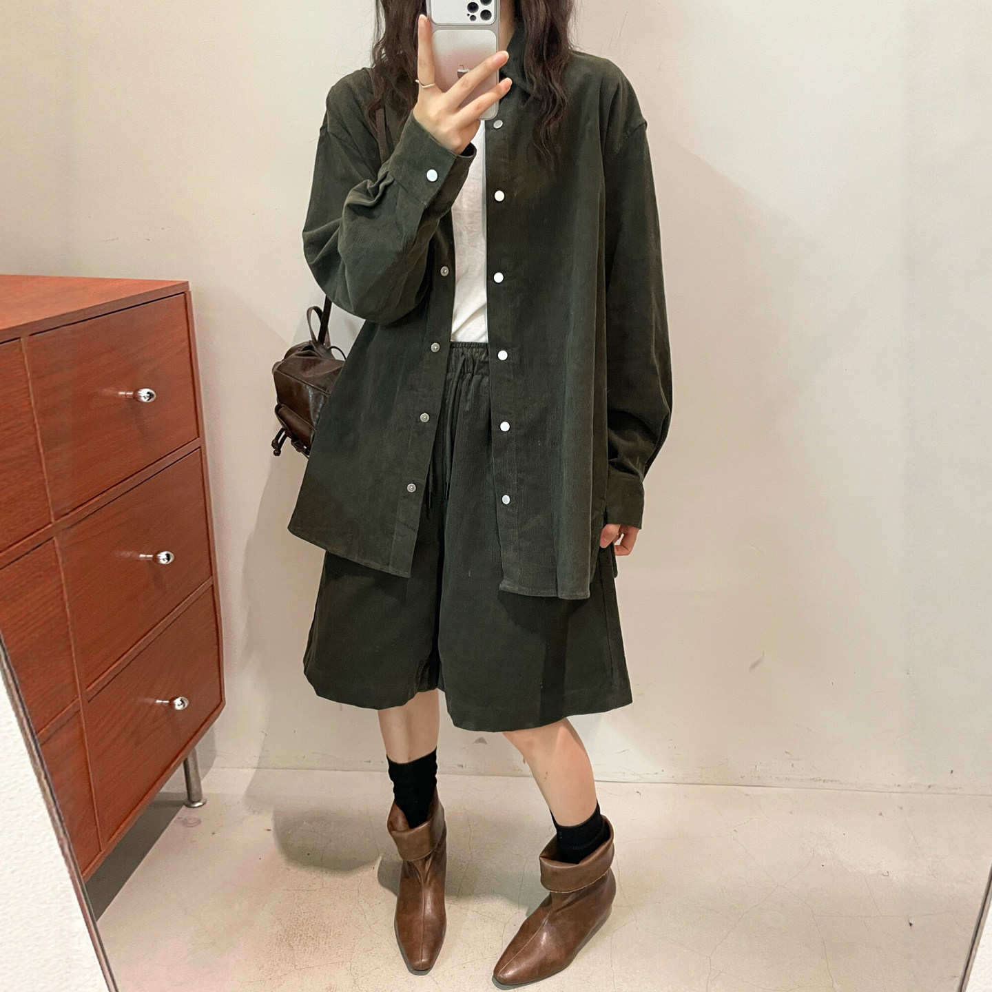 POLO领灯芯绒衬衫阔腿短裤两件套