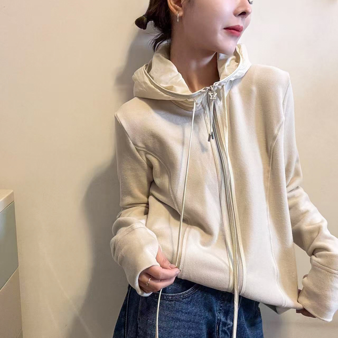 连帽德绒卫衣开衫短外套女欧洲站