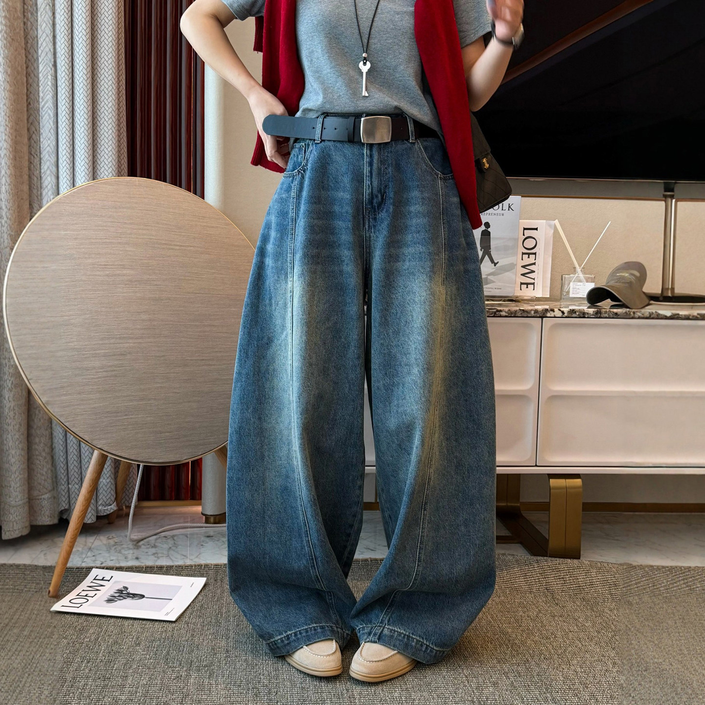 配腰带拖地阔腿牛仔裤女欧洲站2026春装新款欧货女装时尚直筒裤潮