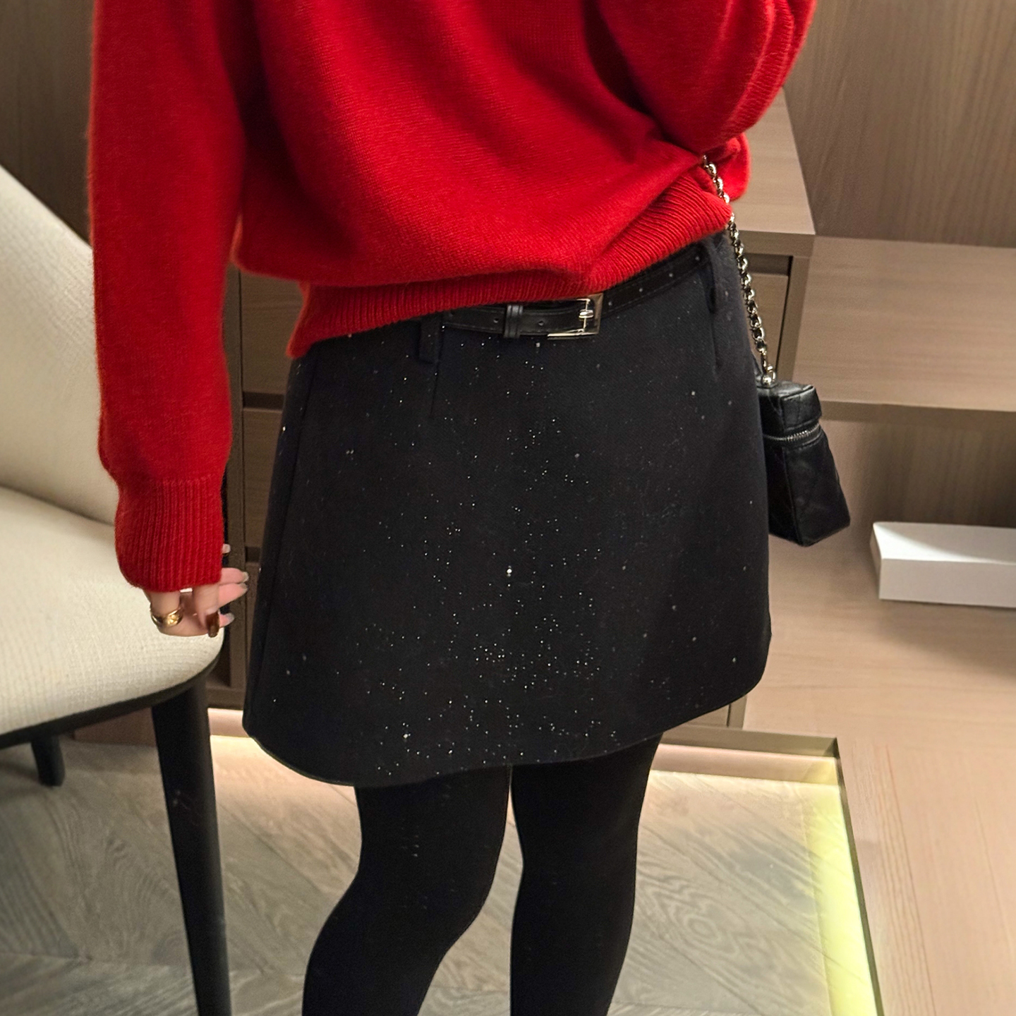 重工亮片羊毛呢A字半身裙女欧货