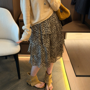 复古豹纹A字蛋糕半身裙女欧洲站2026春装新款欧货女装时尚中裙潮