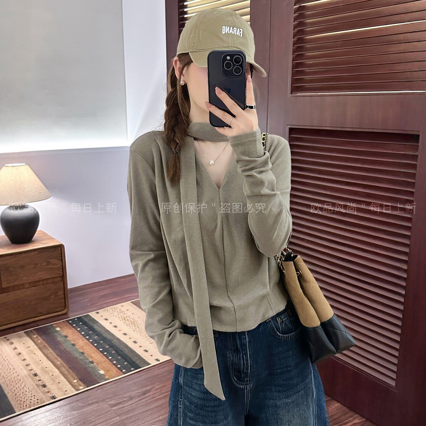 复古飘带V领磨毛衬衫女欧洲站潮