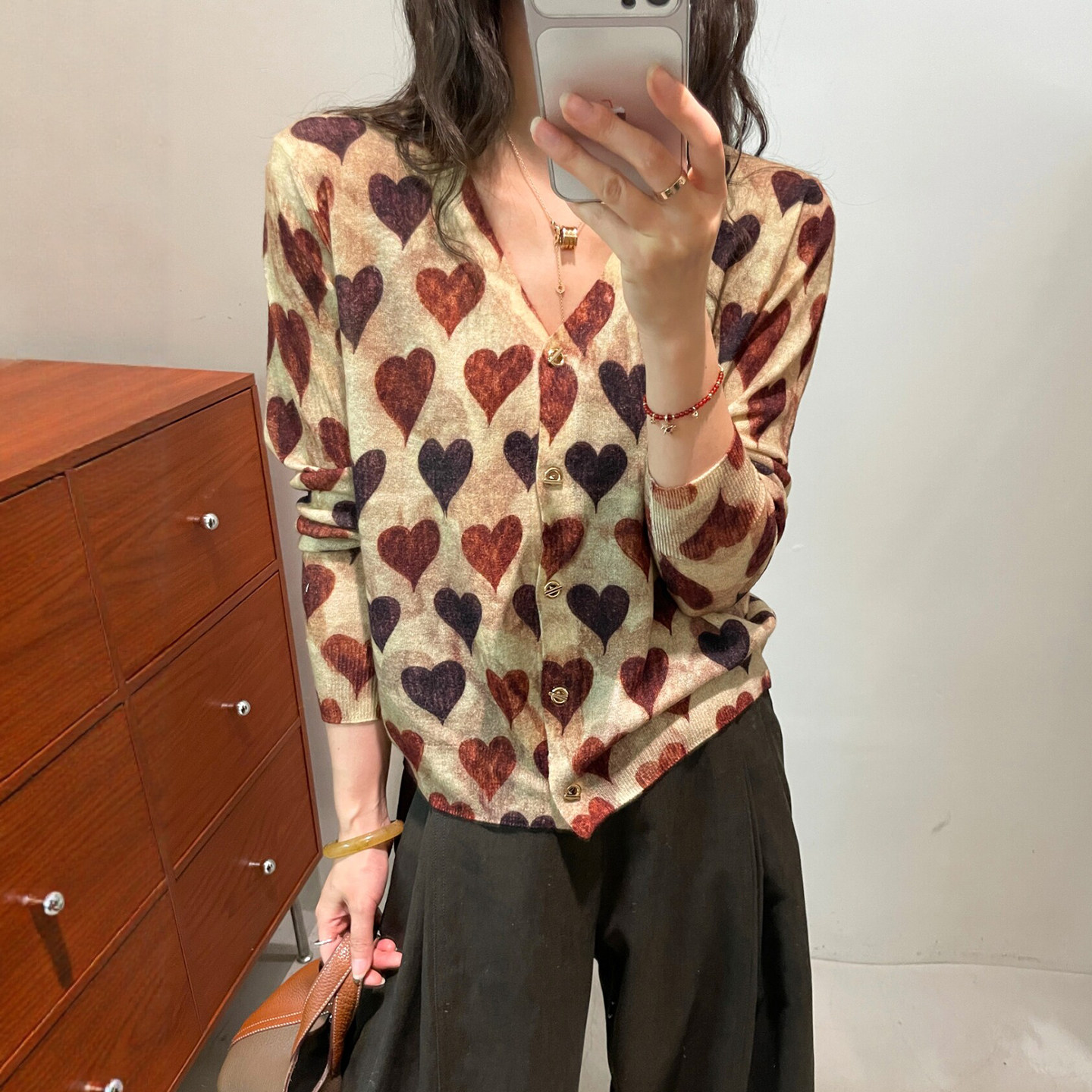 印花V领水溶羊毛针织开衫女欧货