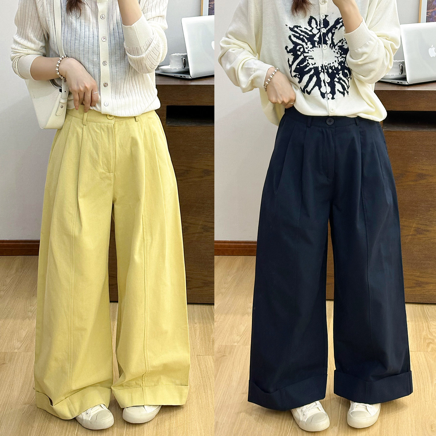 复古卷边西装阔腿裤女欧洲站2026春装新款欧货女装拖地休闲裤子潮