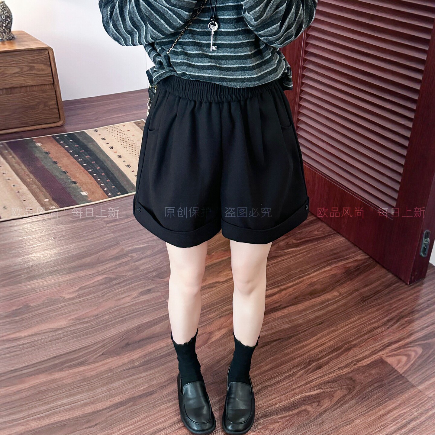 复古卷边磨毛西装阔腿短裤女欧货