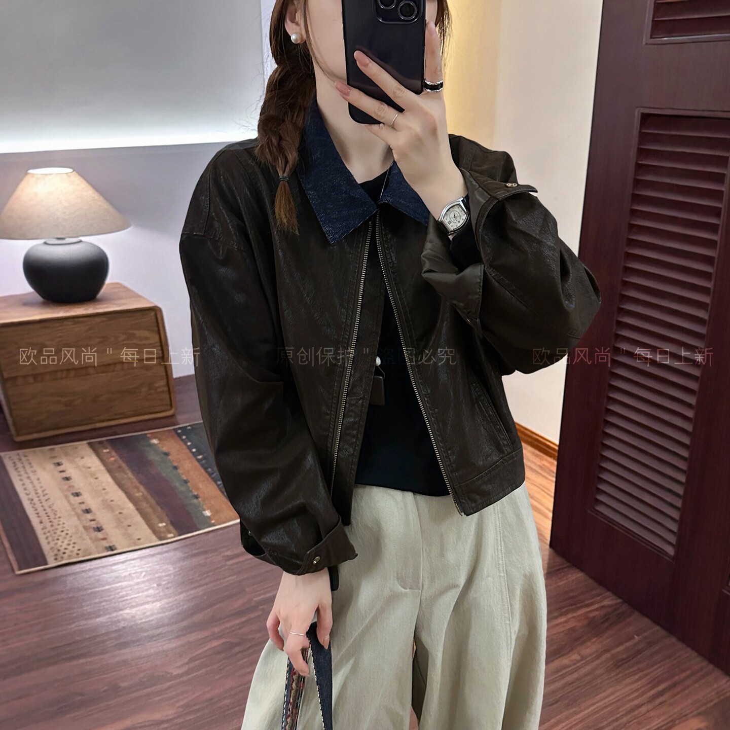 牛仔翻领蛋白皮PU皮衣外套欧洲站