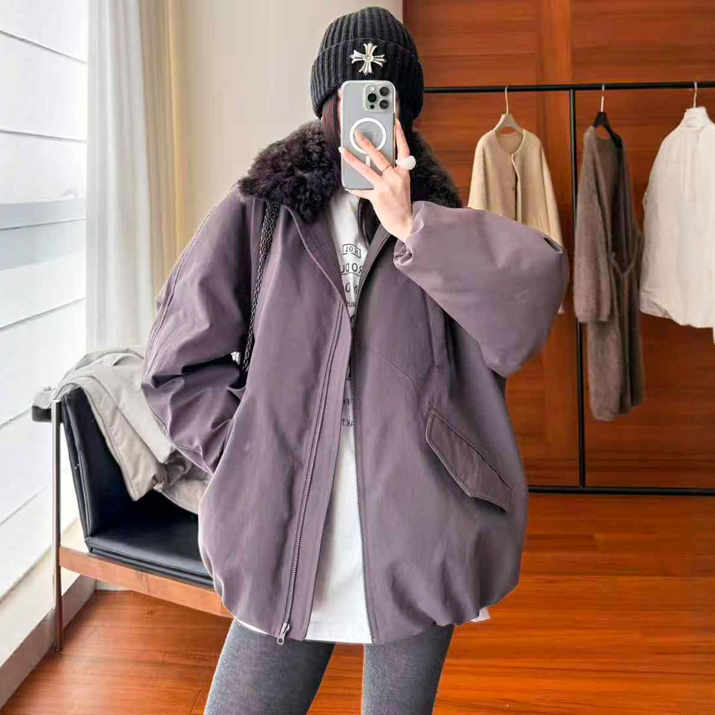 羊羔毛翻领派克羽绒服女欧货外套