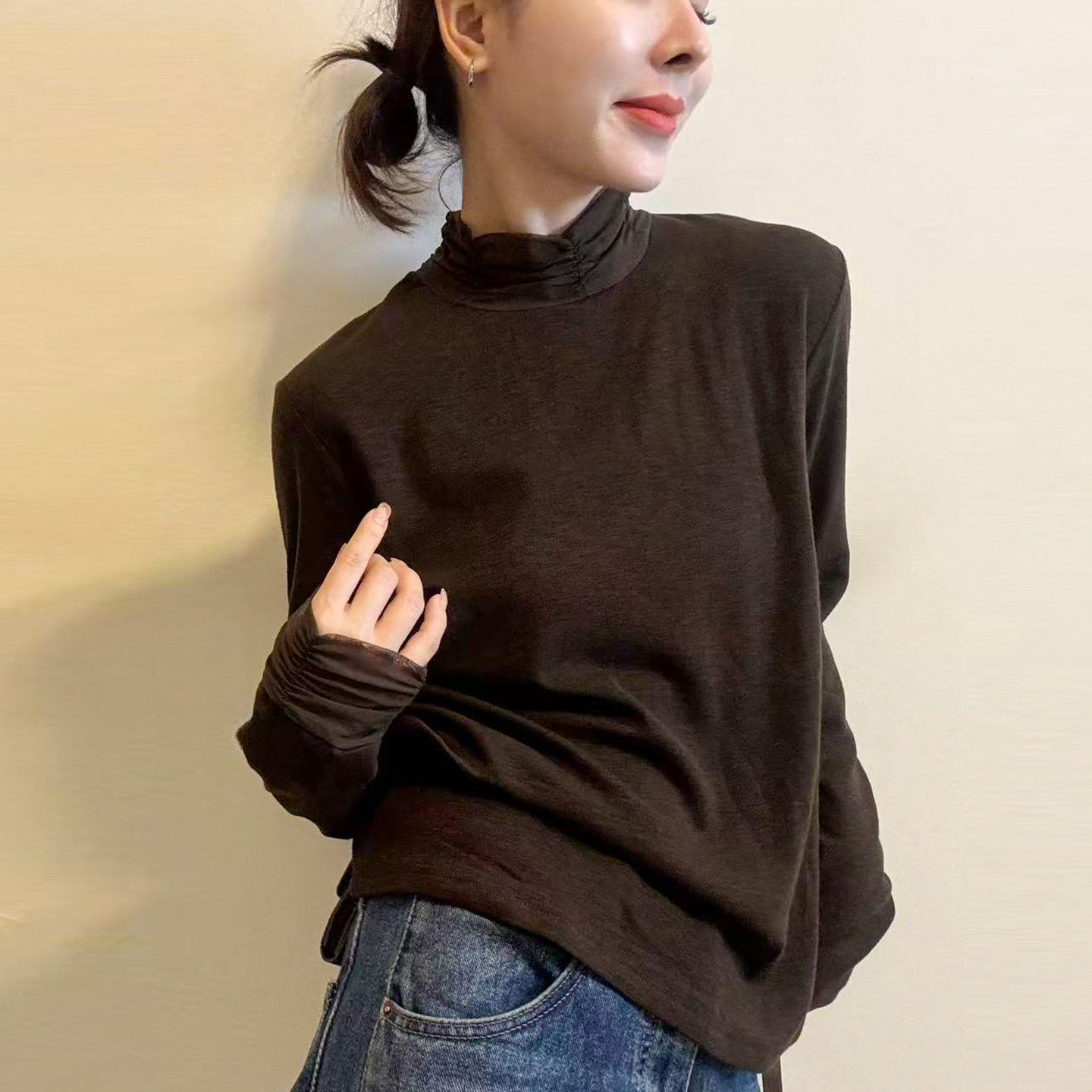 基础款堆堆领加绒T恤女欧洲站潮