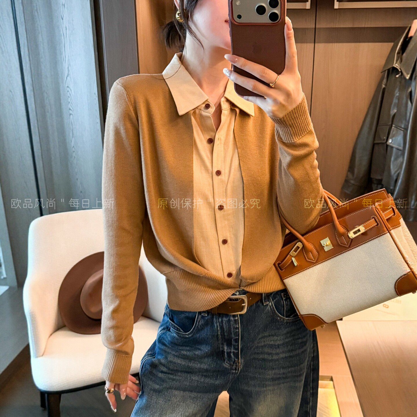 假两件POLO领羊毛针织开衫女外套