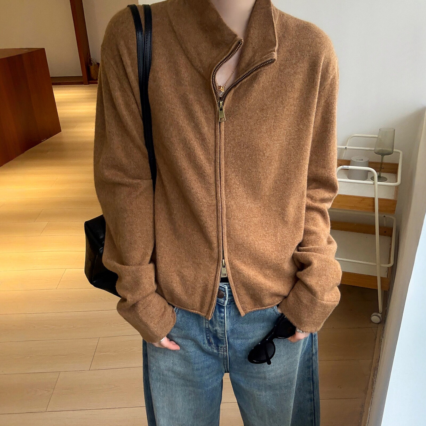 双拉链立领羊毛针织开衫女欧洲站