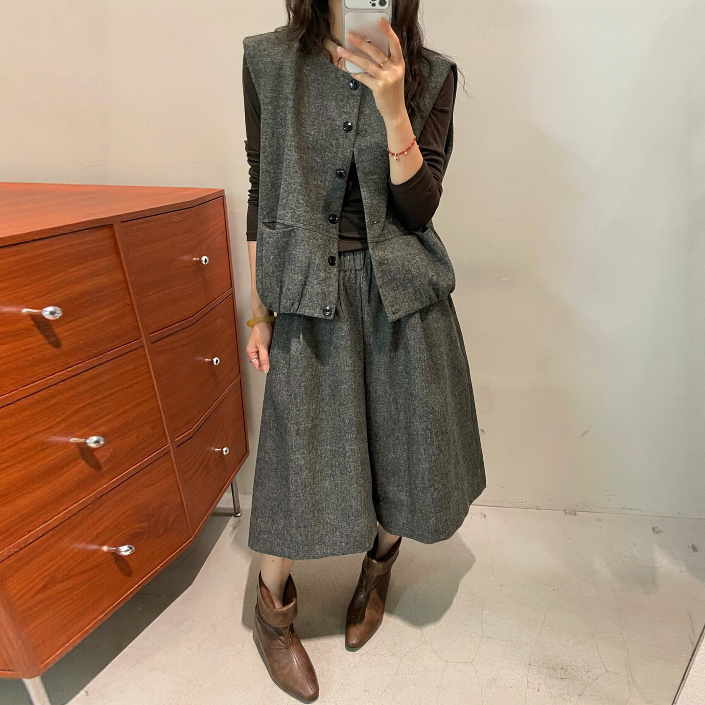 羊毛呢西装马甲外套阔腿裤两件套