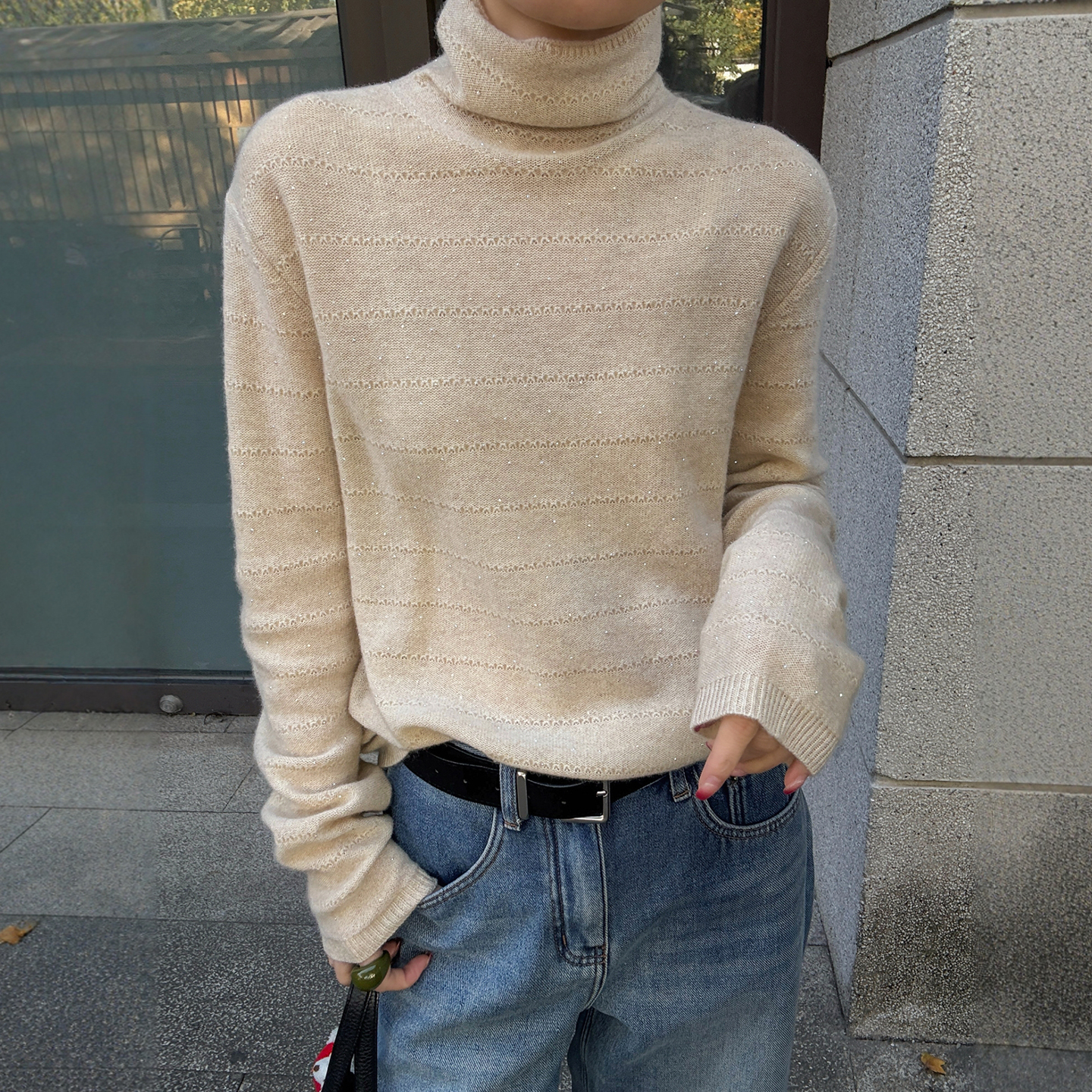 堆堆领亮片高领羊绒针织衫女欧货