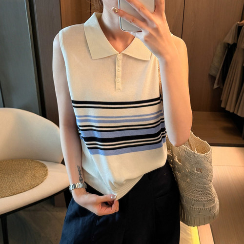 POLO翻领条纹冰丝针织衫女欧洲站