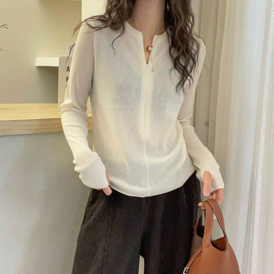 复古坑条V领细羊毛针织衫女欧货