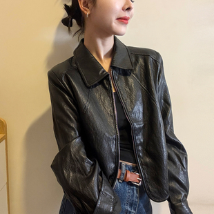 复古翻领蛋白皮PU皮衣外套女欧洲站2026春装新款欧货女装机车服潮