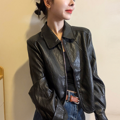 复古翻领蛋白皮PU皮衣外套女欧货