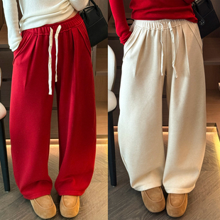 羊毛呢拖地加绒卫裤女欧洲站2025冬装新款欧货女装阔腿裤休闲裤潮