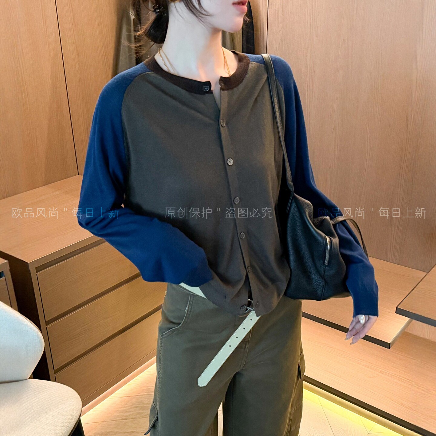撞色拼接绵羊毛针织开衫女欧洲站