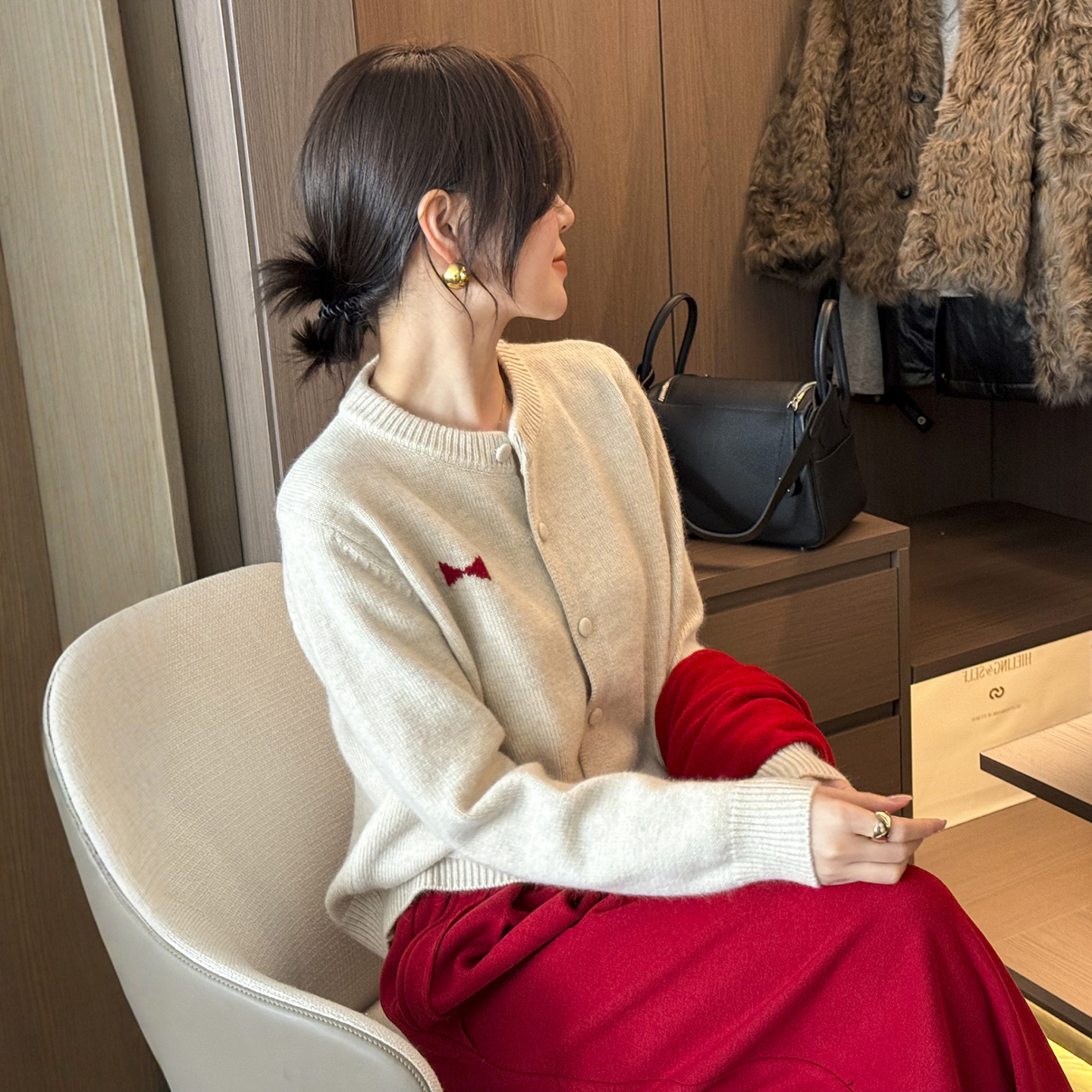 蝴蝶结刺绣羊毛针织开衫女欧洲站