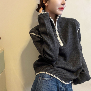 打底小衫 撞色拼接高领羊毛针织衫 欧货女装 新款 潮 女欧洲站2025冬装
