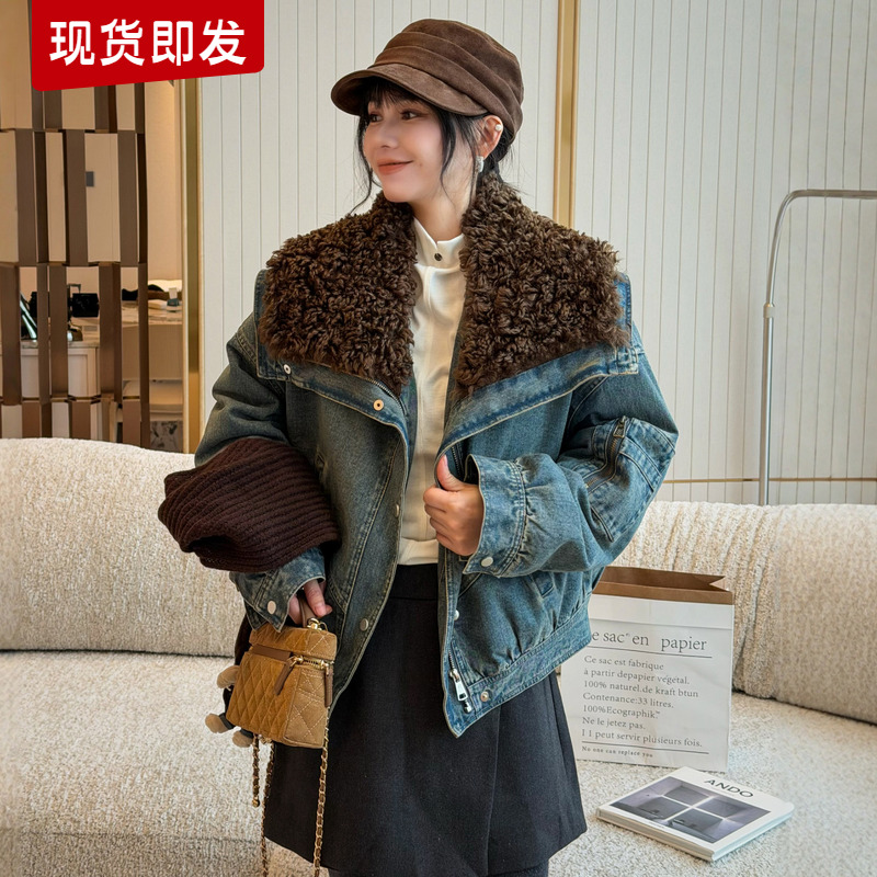 羊羔毛领牛仔羽绒服女欧洲站外套
