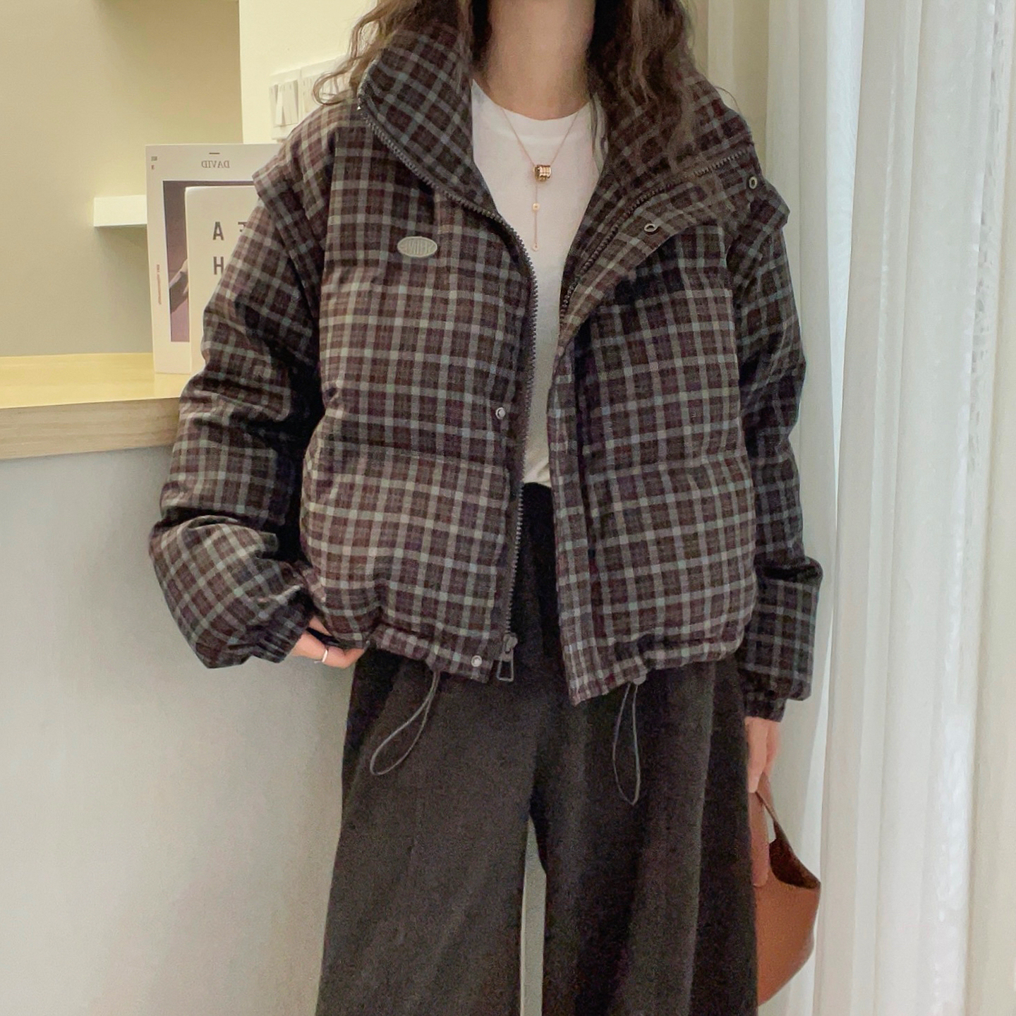 贴标格子立领面包羽绒服女欧洲站