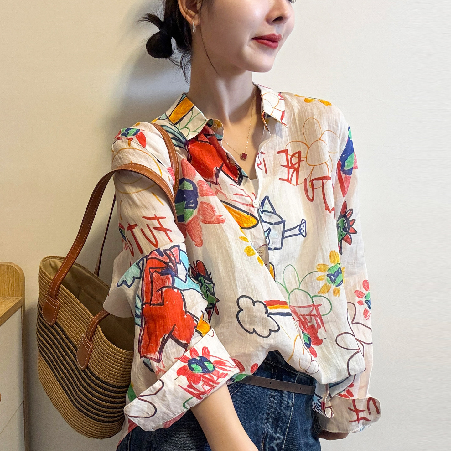复古印花翻领苎麻衬衫女欧洲站2026春装新款欧货女装薄款防晒衣潮