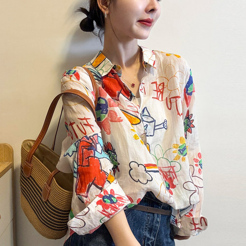 复古印花翻领苎麻衬衫女欧货上衣