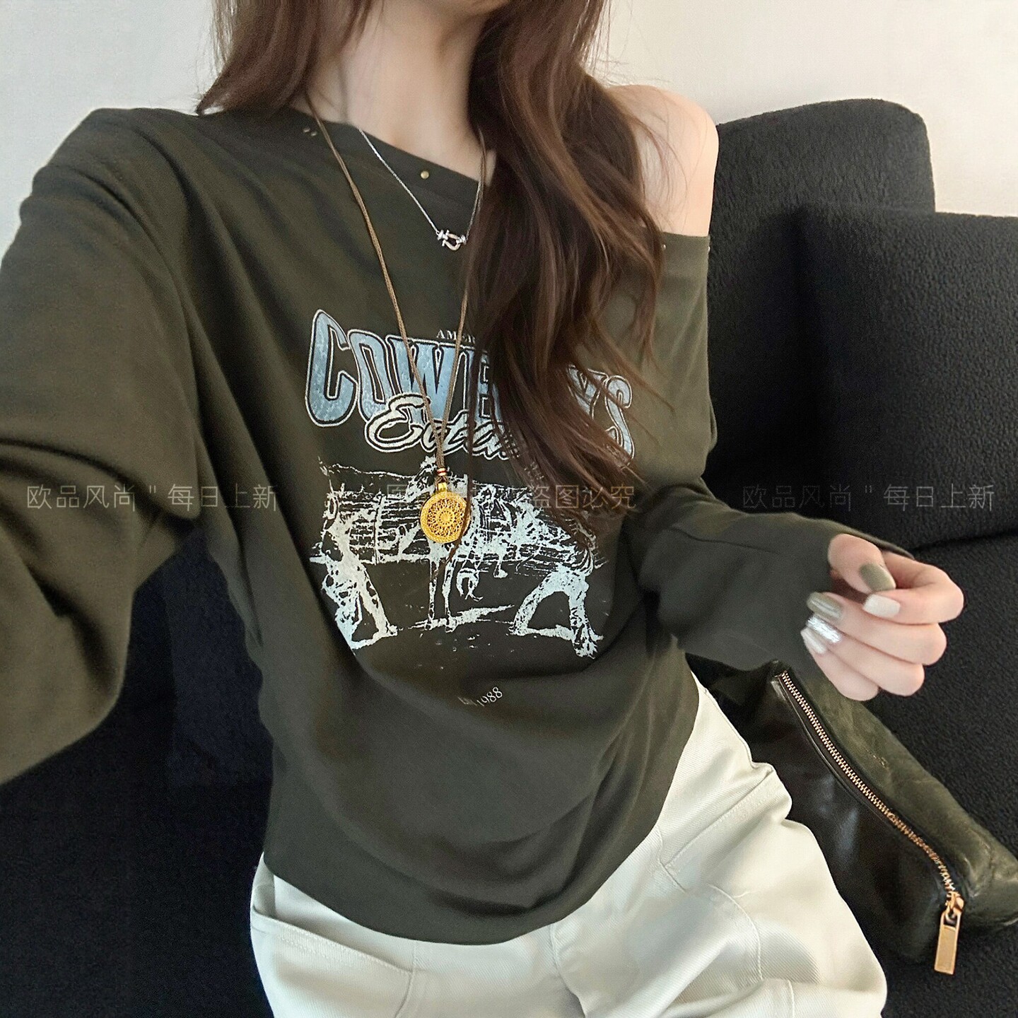复古印花一字领露肩T恤女欧洲站
