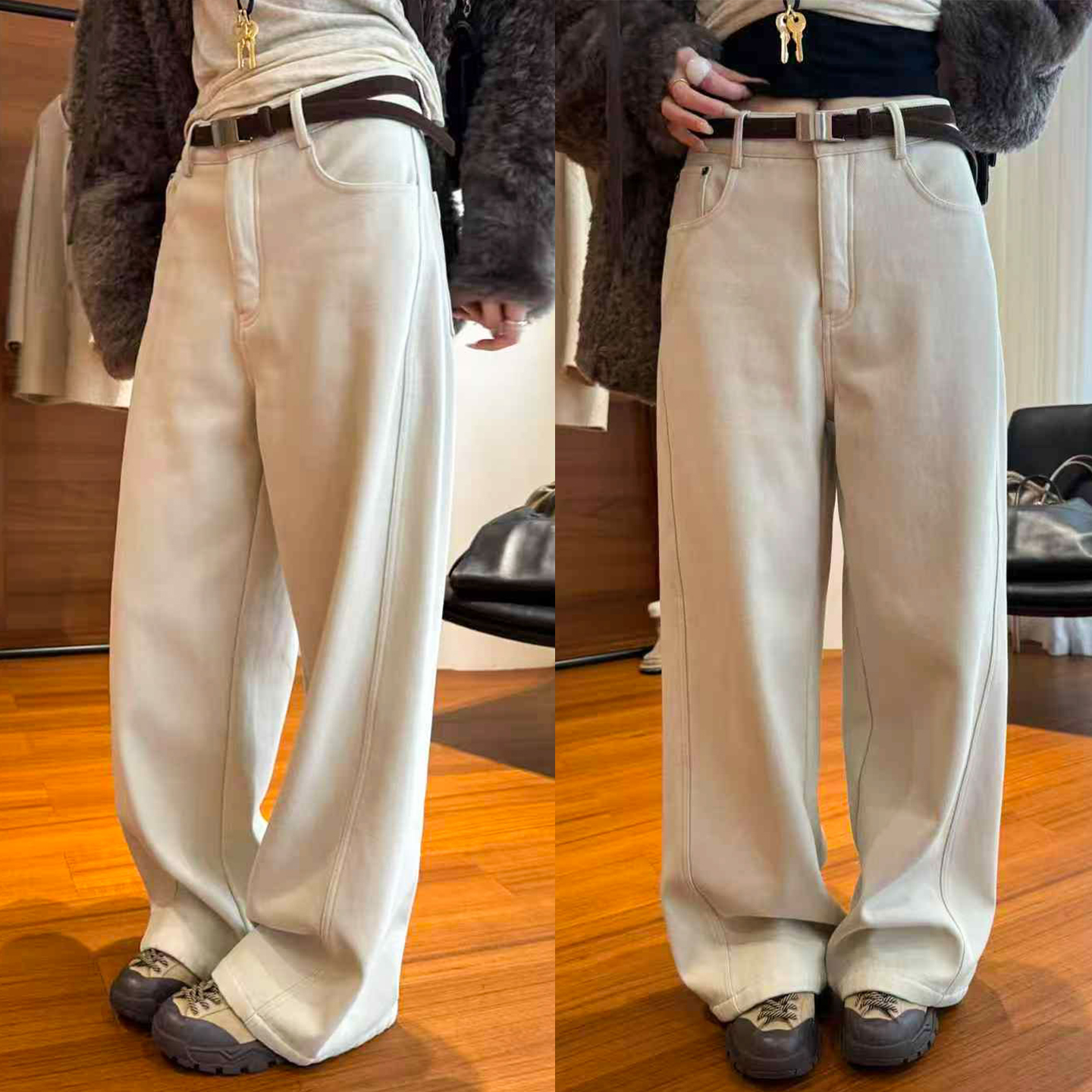 复古弯刀加厚绒阔腿牛仔裤女欧货