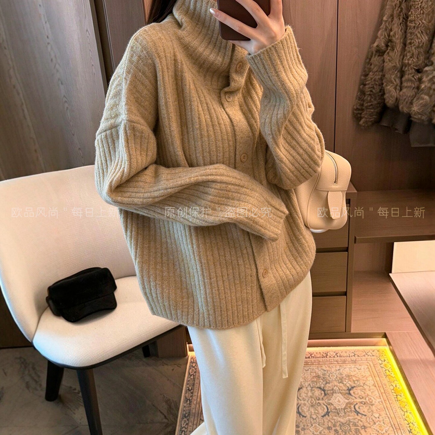 坑条高领绵羊毛针织开衫女欧洲站