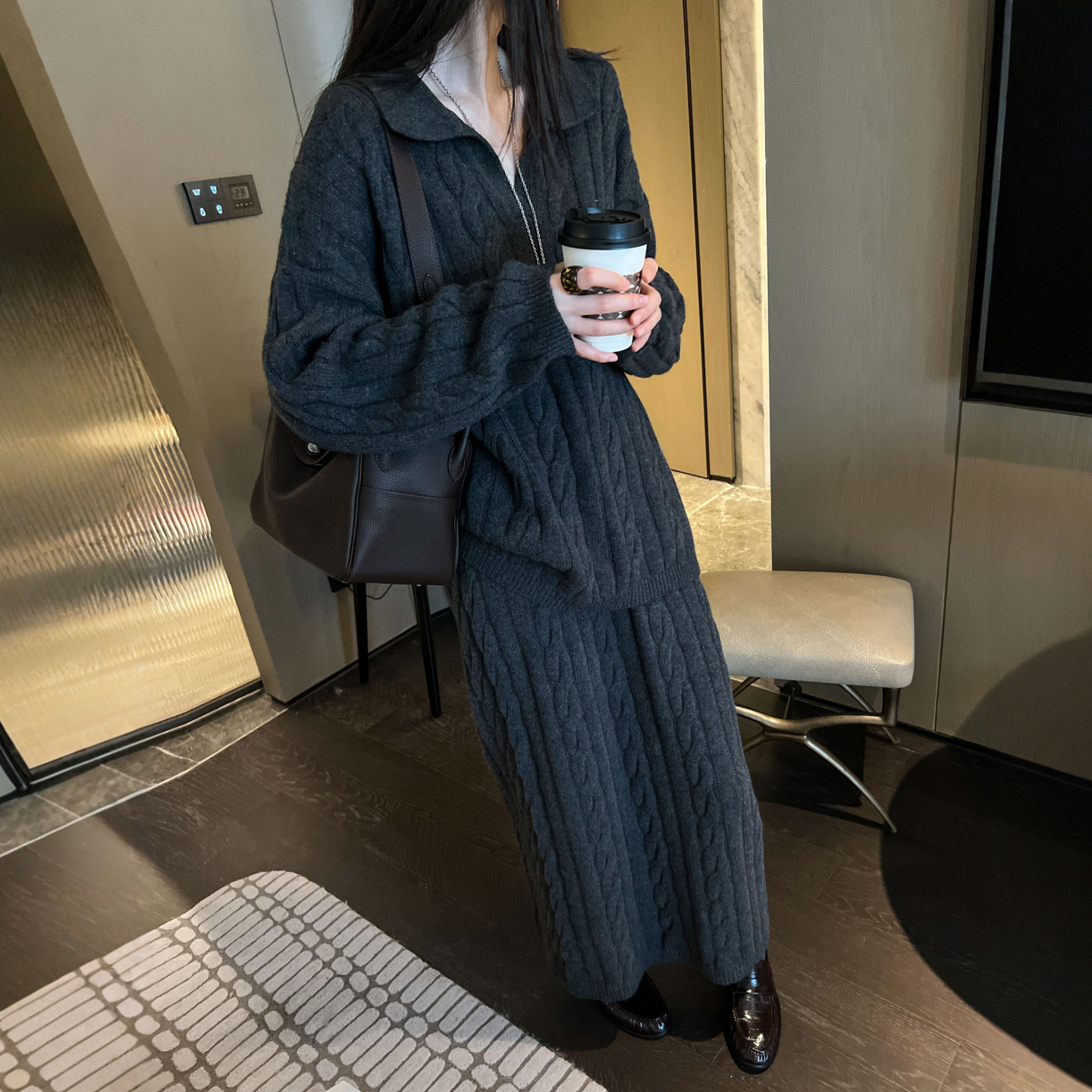 POLO领羊绒针织衫半身裙两件套装