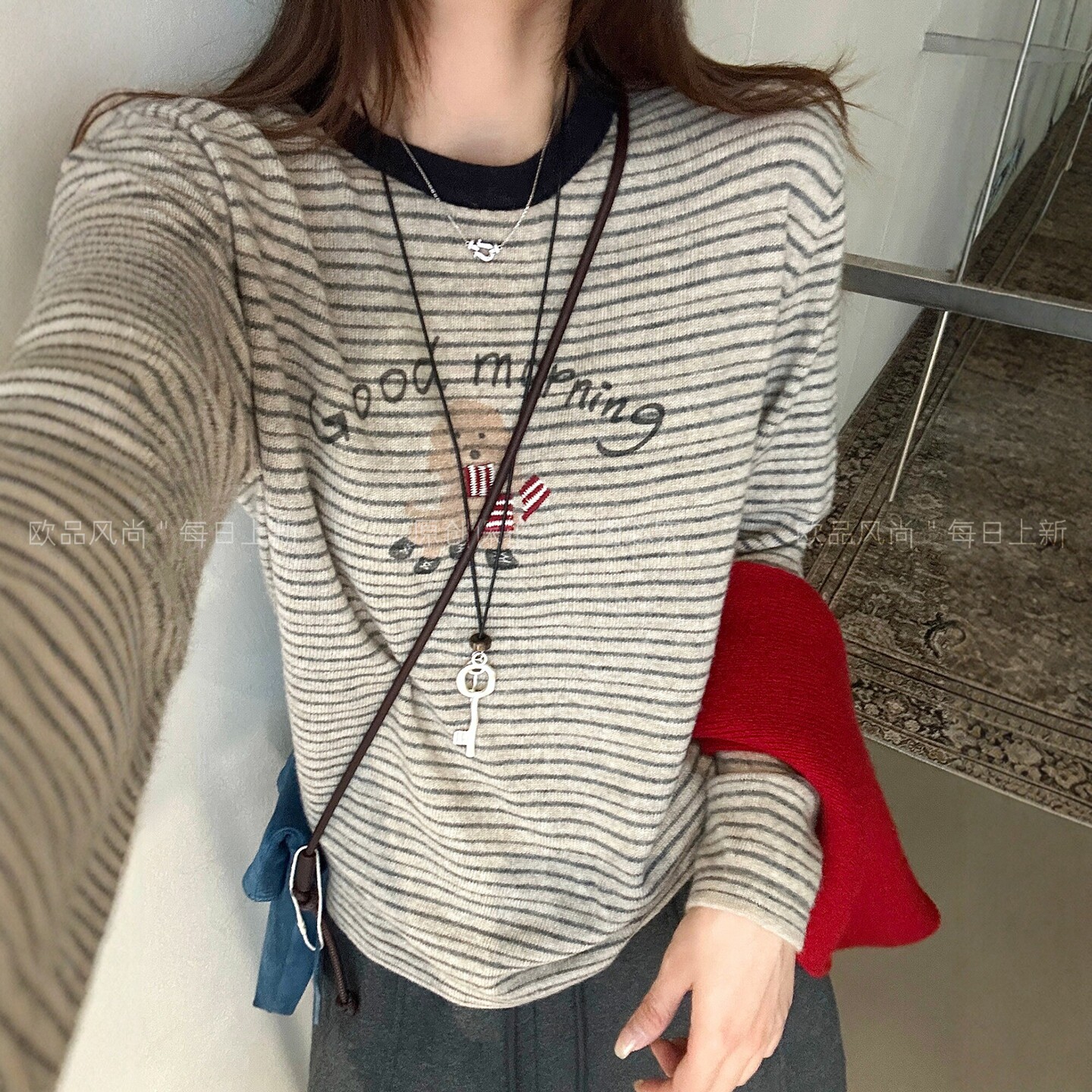 卡通刺绣条纹羊毛针织衫女欧洲站