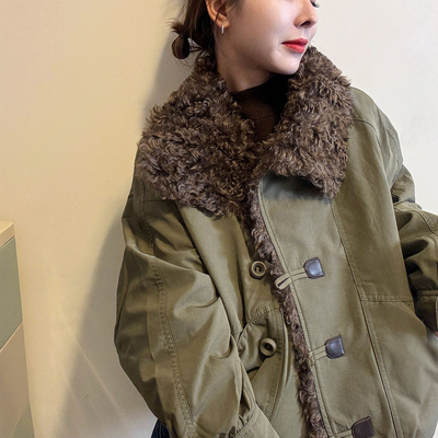 羊卷毛翻领派克羽绒服女欧货外套