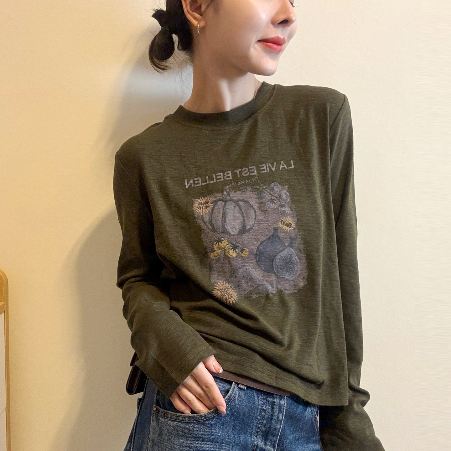 南瓜字母印花长袖T恤女欧洲站潮
