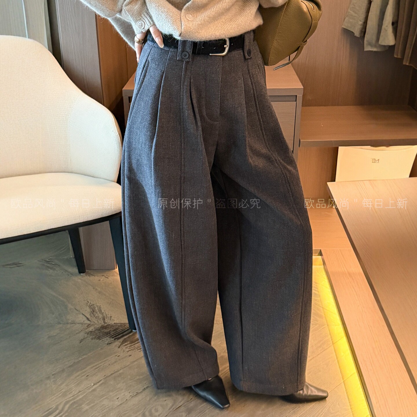 羊毛呢拖地加绒西装阔腿裤女欧货