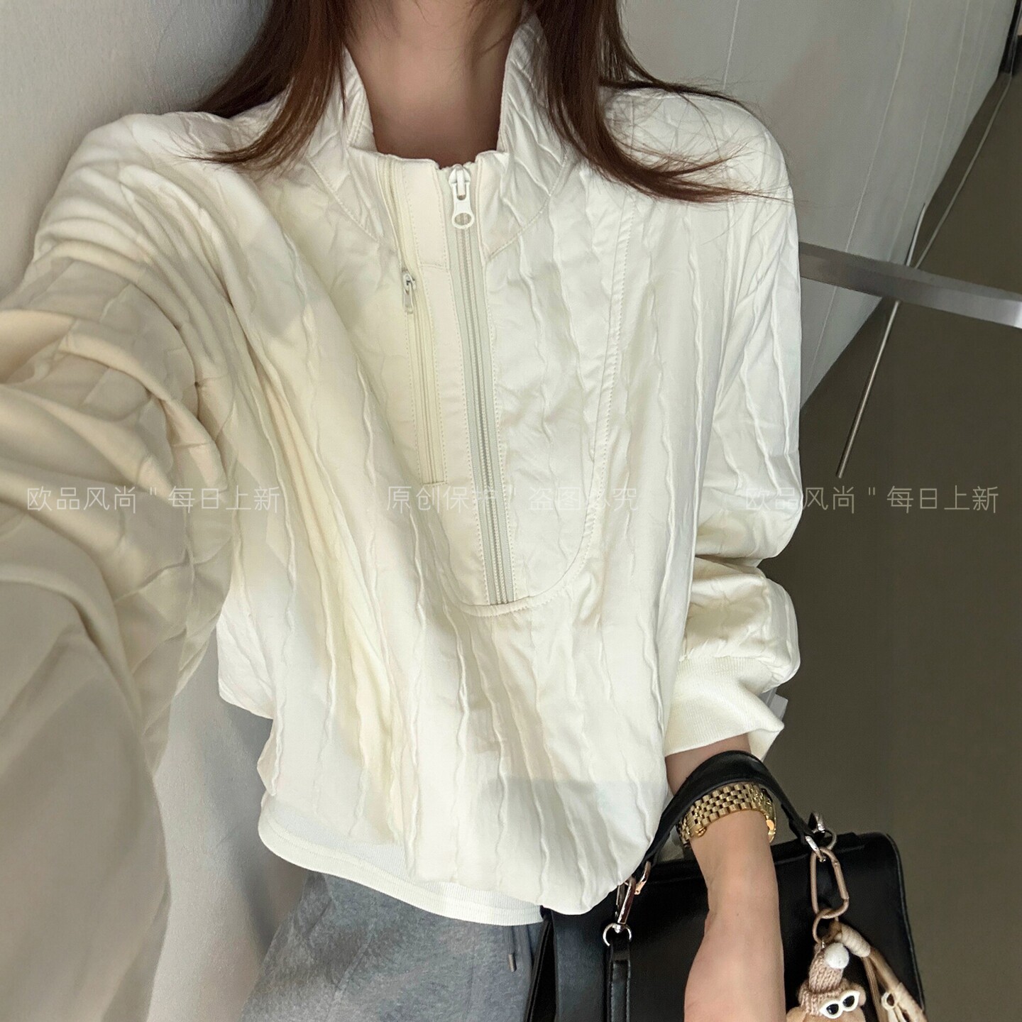 双拉链立领压棉外套女欧洲站上衣