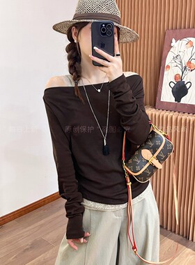 一字领露肩蕾丝长袖T恤女欧洲站