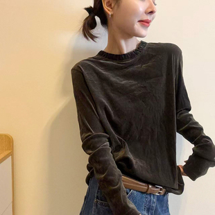 花苞领金丝绒长袖T恤女欧洲站2026秋季新款欧货女装时尚打底衫潮