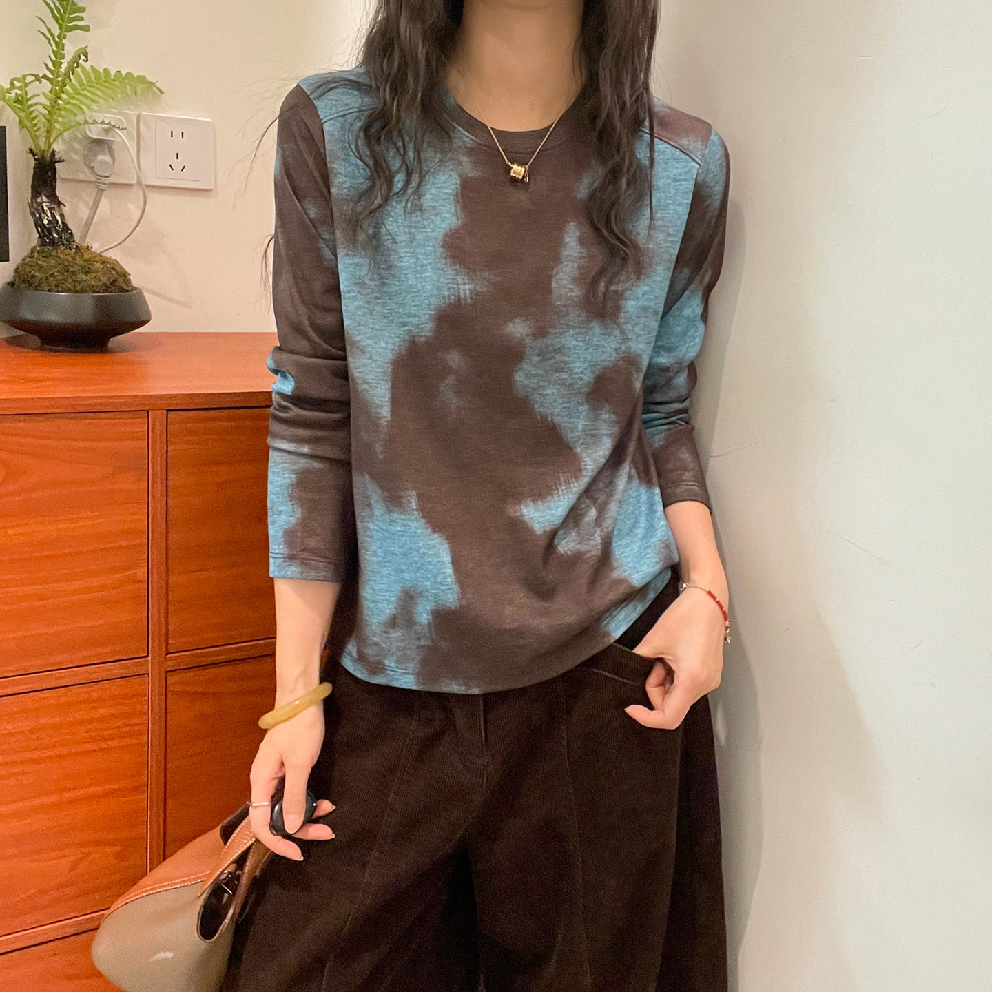 复古晕染修身长袖T恤女欧洲站潮