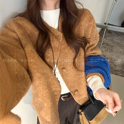 小香风双面羊绒大衣女欧洲站2026冬季新款欧货女装短款毛衣外套潮