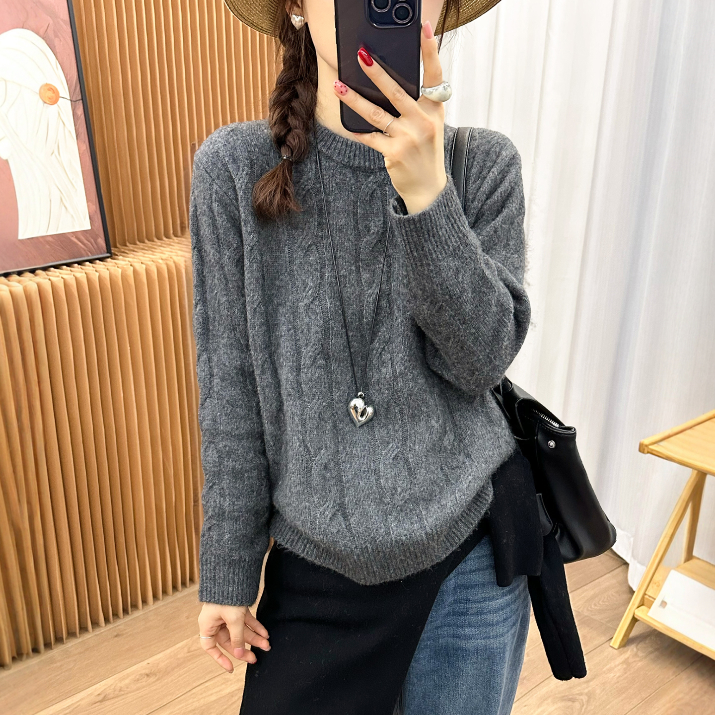 复古麻花纹羊毛针织衫女欧货上衣