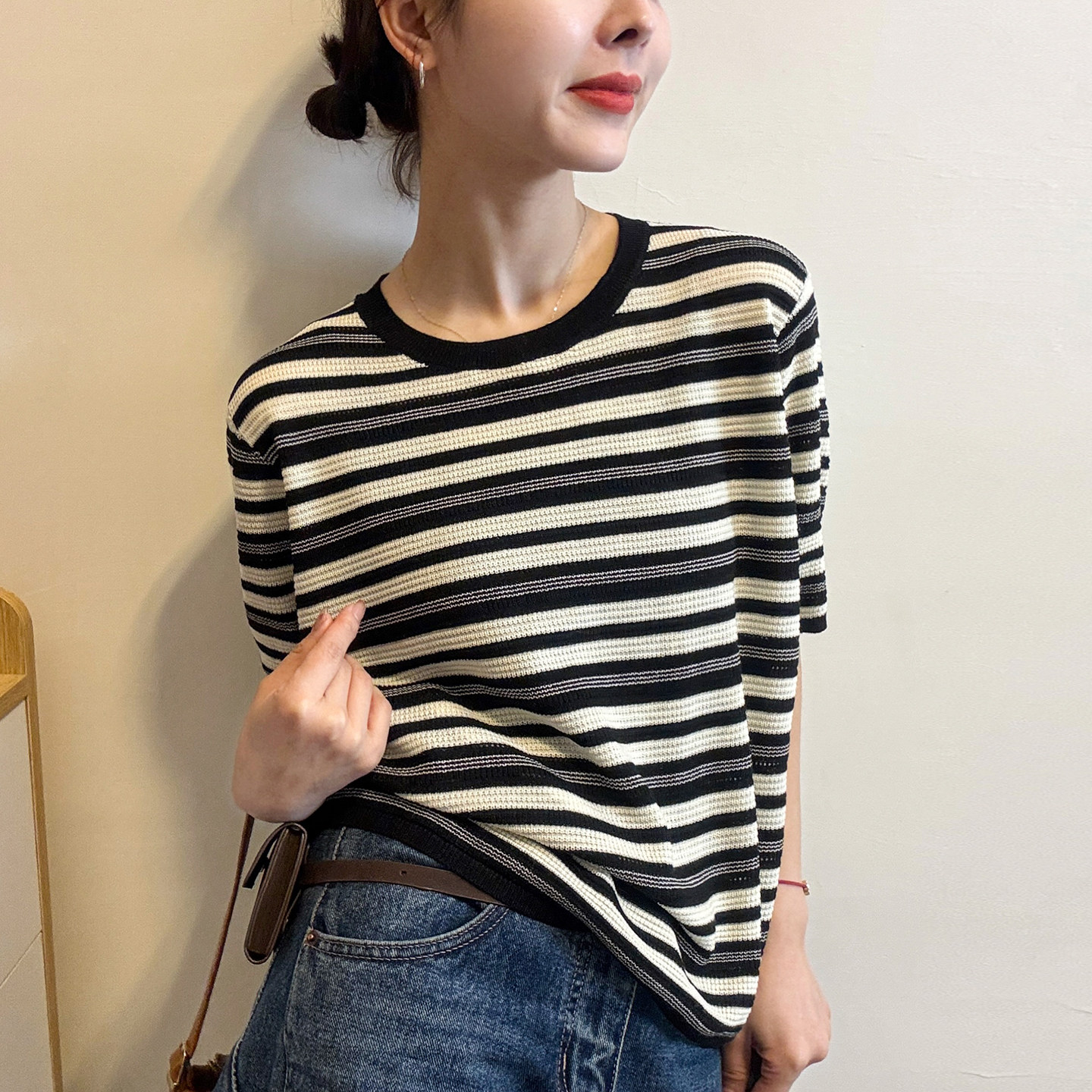 撞色条纹冰丝针织衫女欧洲站2026春装新款欧货女装时尚短袖T恤潮