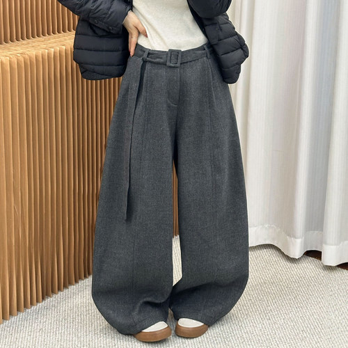 羊毛呢弯刀加绒西装裤女欧货裤子