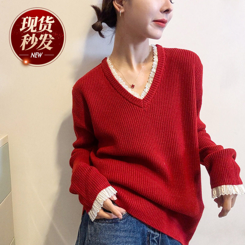 蕾丝拼接V领羊毛针织衫女欧洲站2025冬装新款欧货女装打底毛衣潮,女装/女士精品,毛针织衫,淘宝优惠券,粉丝福利购,淘宝优惠卷