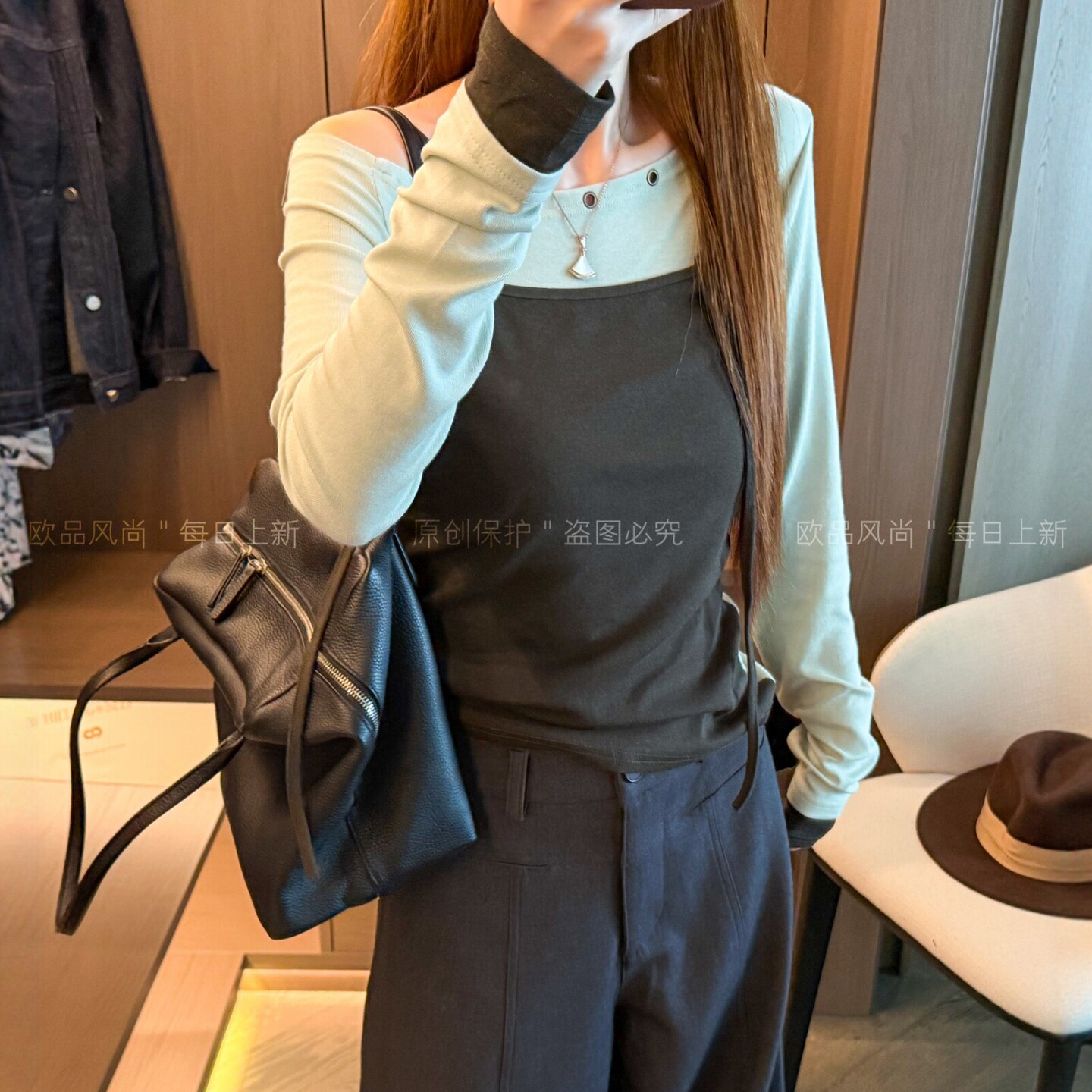 假两件吊带拼接面膜T恤女欧洲站