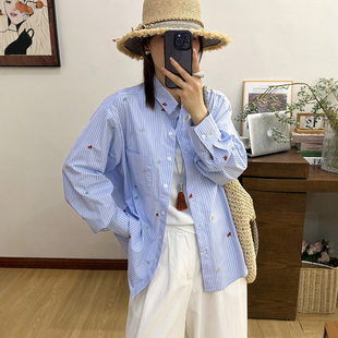 洋气小衫 彩色小马刺绣竖条纹衬衫 欧货女装 新款 潮 女欧洲站2026春装