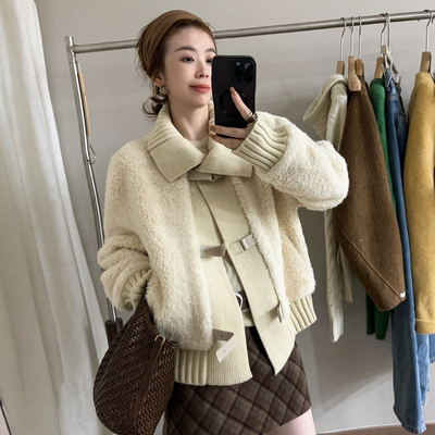 假两件羊羔毛皮毛一体外套女欧货